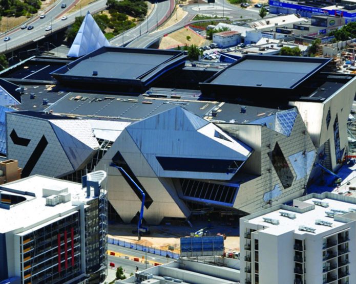 An exterior aerial shot from a few blocks away of the Perth Arena